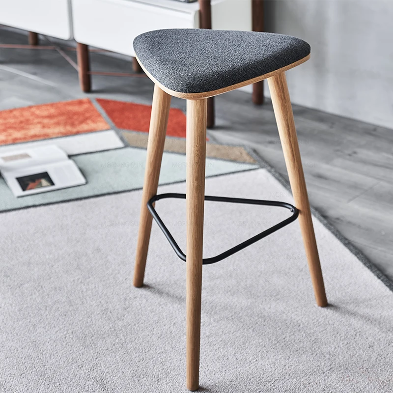 Hot sale wooden furniture grey fabric seat no back rest Solid wood indoor bar high chairs