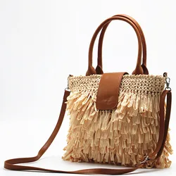 Grandma Handmade Knitted Plaited Braided Straw Crossbody Women Shoulder Messenger Bag Straw Woven Rattan Lady Tote Sling Handbag