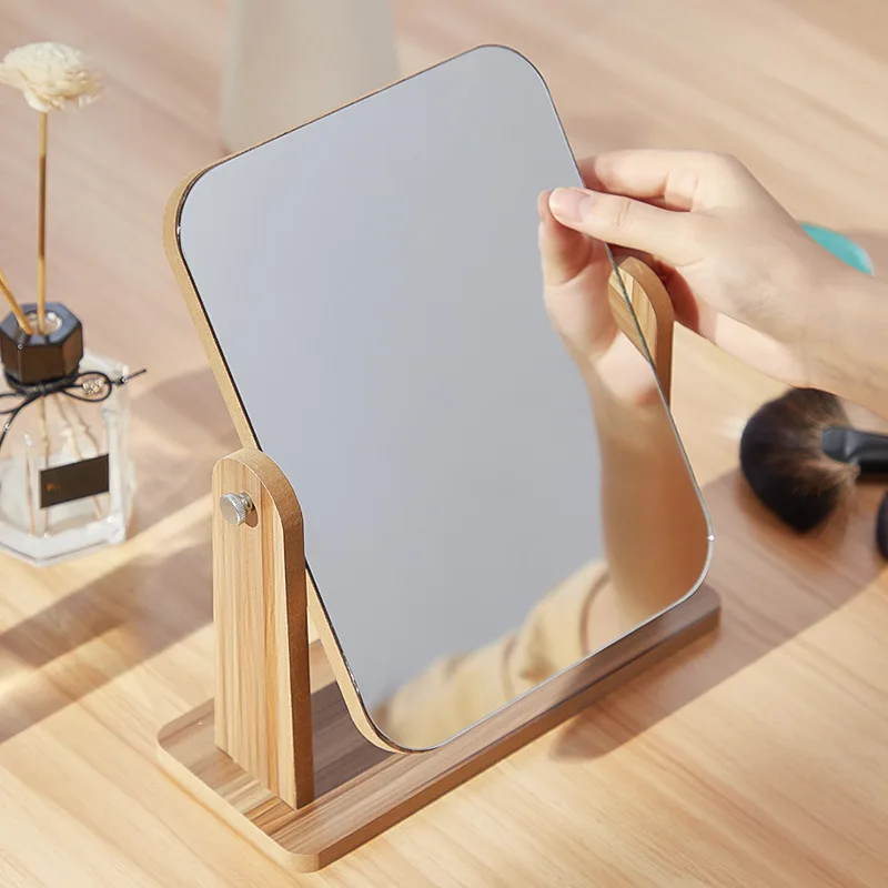 360 Degree Rotation Makeup Tabletop Mirror Eco friendly Cosmetic Wooden Portable Stand Mirror