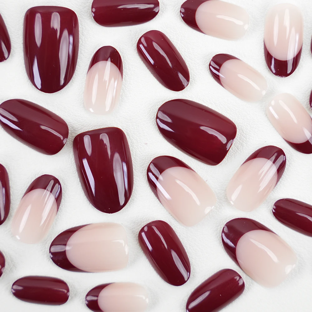 Verified Suppliers Supply Free Sample False Nail Wine Red French Finish Easy Apply Reusable Decorated Artificial Press On Nails