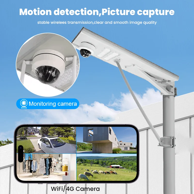 100W 200W 300W Integrated LED Solar Security Street Light with Optical Control Waterproof IP65 CCTV 4G Camera for Outdoor Use