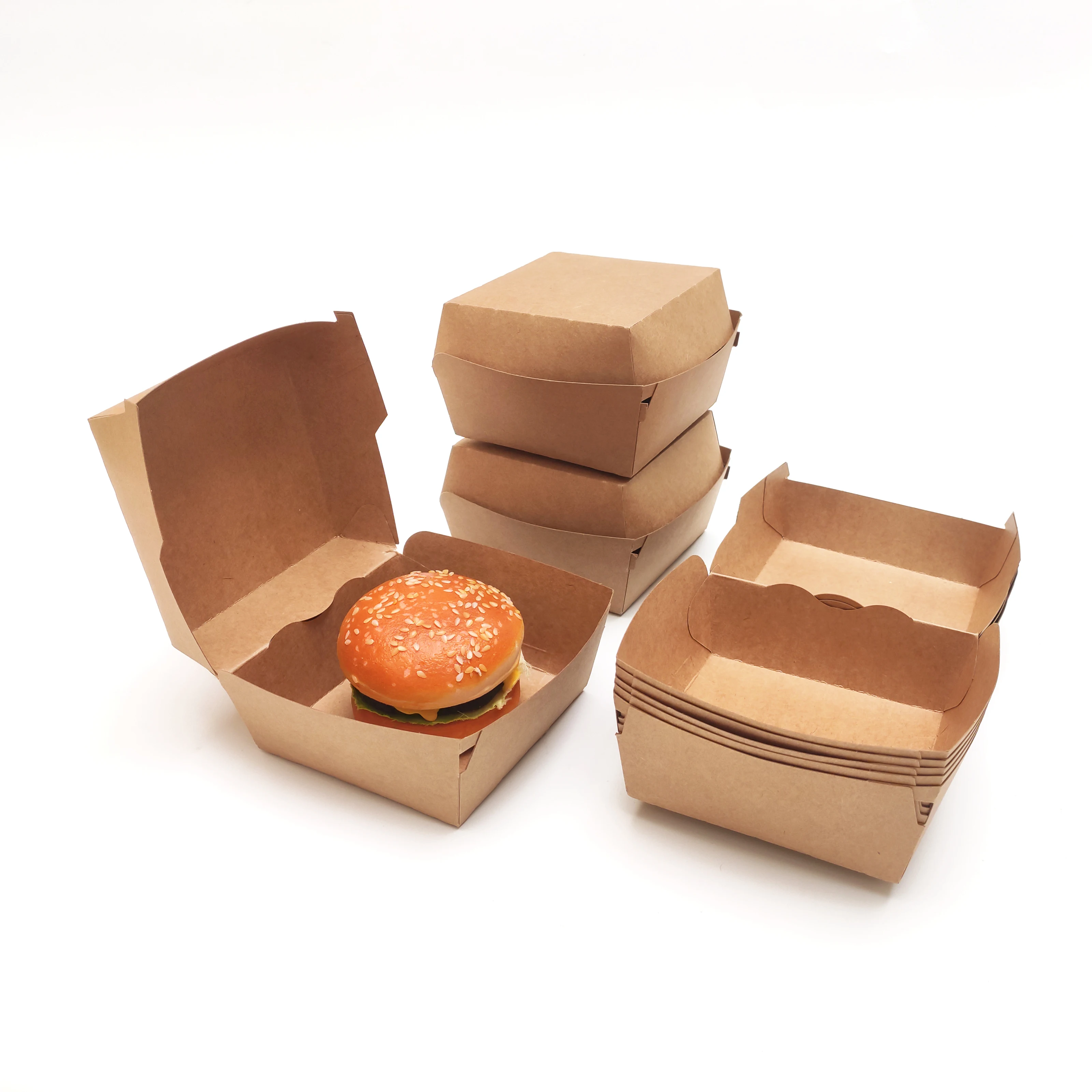 Custom Logo Printed Size Disposable Clamshell Kraft Paper Fast Food Packaging Burger Boxes For Burger