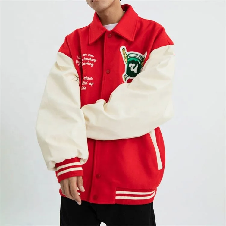 Custom Logo Luxury Wool Chenille Embroidery Baseball Letterman Jackets Men Vintage Red And White Leather Sleeve Varsity Jacket