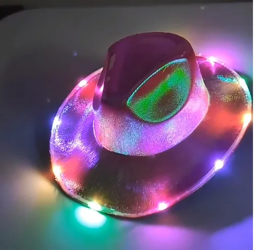 Light Up Holographic Led Flashing Hats  Wholesale Western Styles Pink Red White And Blue Women Wool Cowboy Hat With Lights