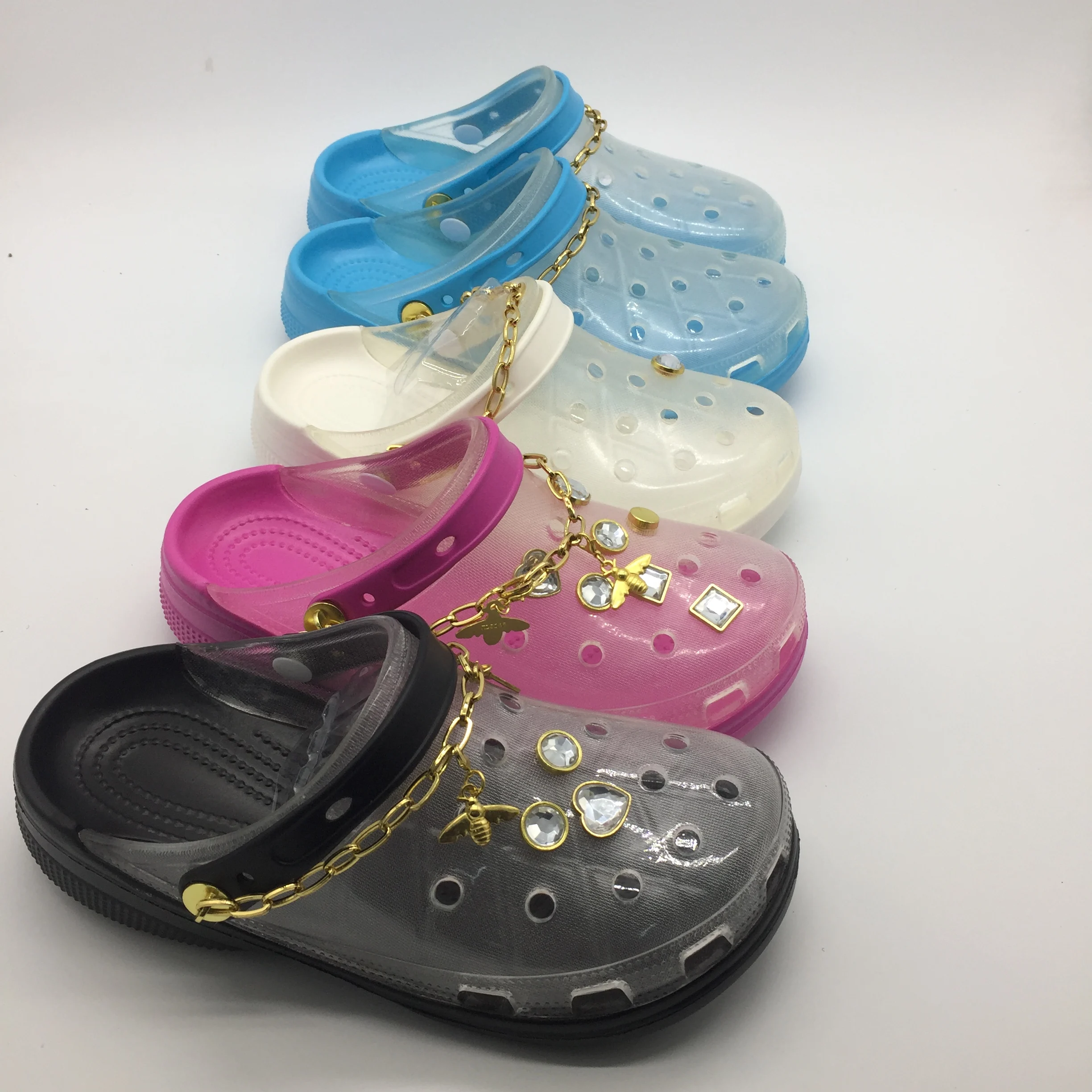 Женские прозрачные сабо из ЭВА, прозрачные Сабо голубого и розового цвета, сабо-Сабо со стразами и цепочкой, оптовая продажа