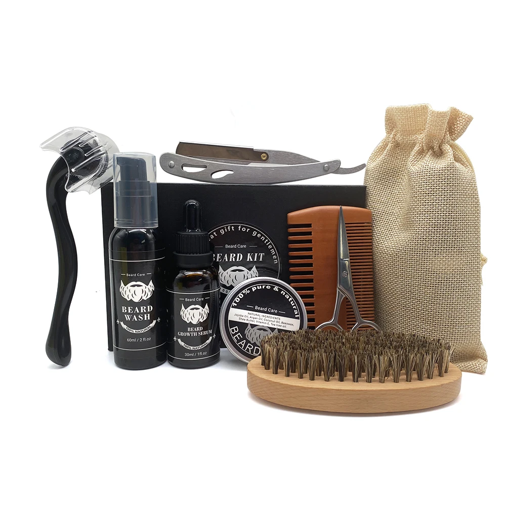 Private Label Beard Growth Kit Cleaning Rolling Beard Oil Beard Balm Grooming Care Gift Set
