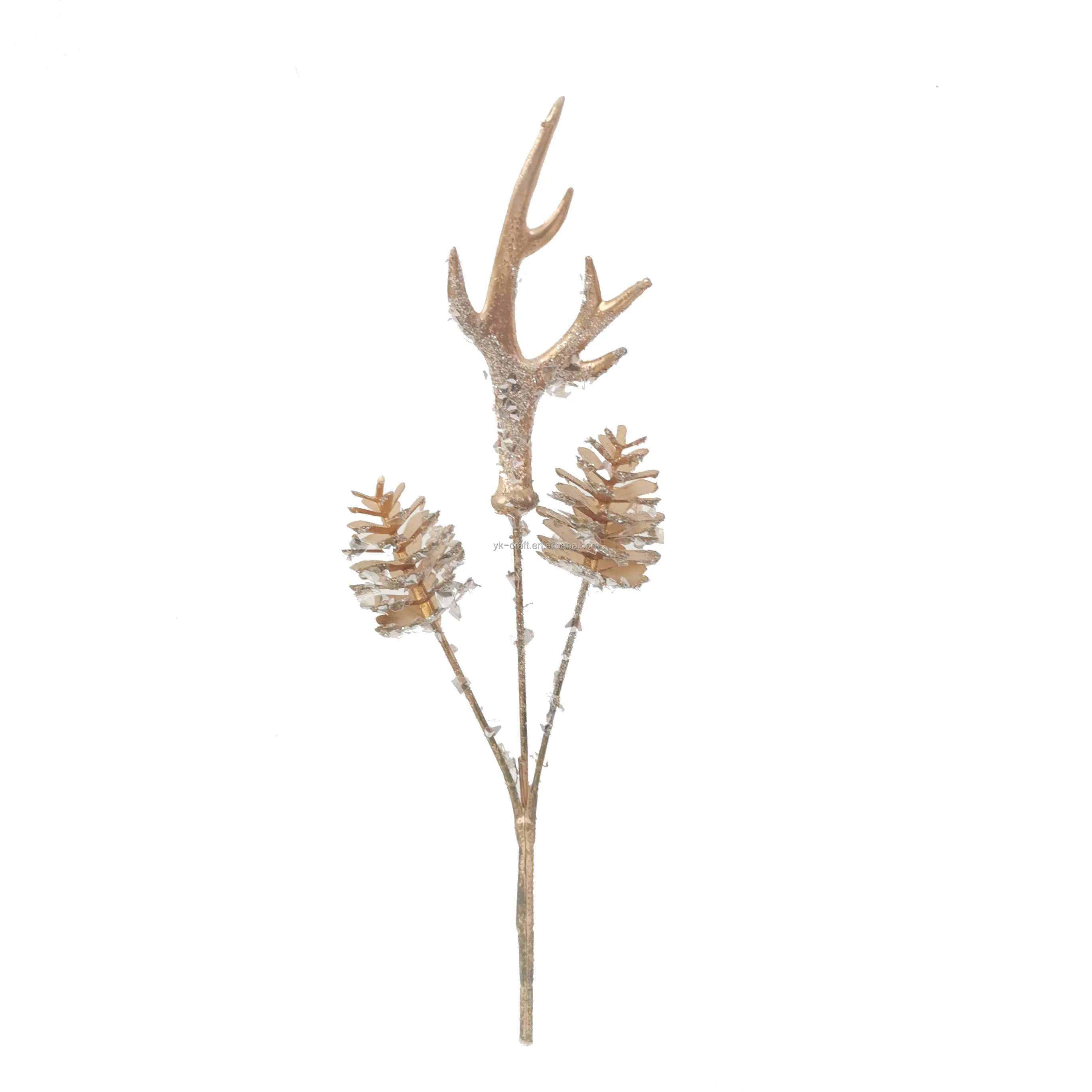 Handicraft Antlers Pine Cone Christmas Pick Plastic Floral Pick With Scattered Glass Diamond Artificial Pinecone Pick For Decor