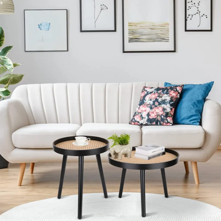 Modern set of 2 end tables for living room bedroom office black wood unique coffee table