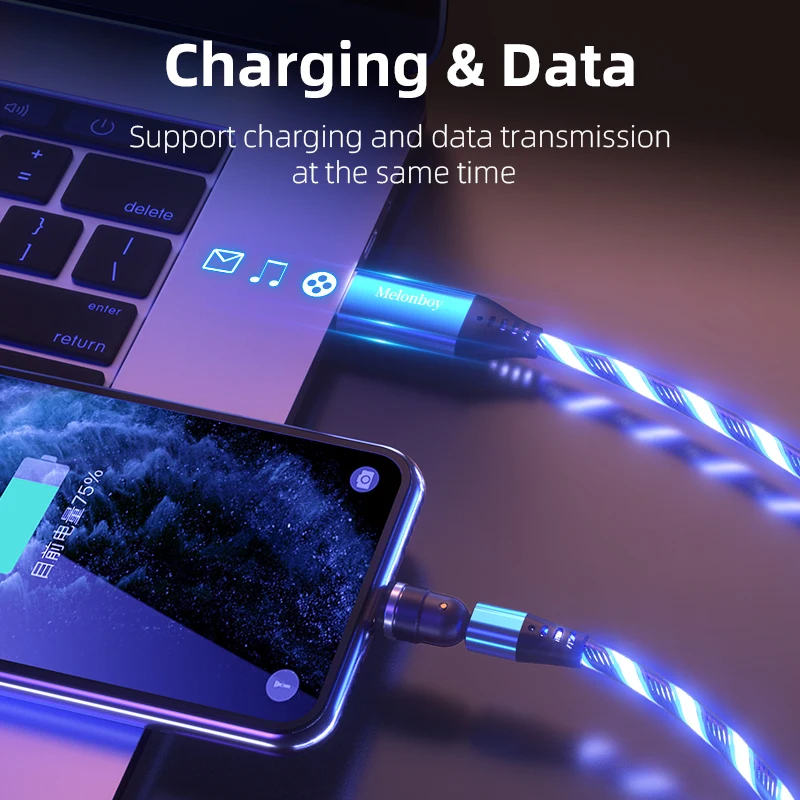 
Outdoor Party LED Dressing Up Phone Accessories 540 Degree Rotate Magnetic USB Cable LED Flowing Light USB Data Cable 