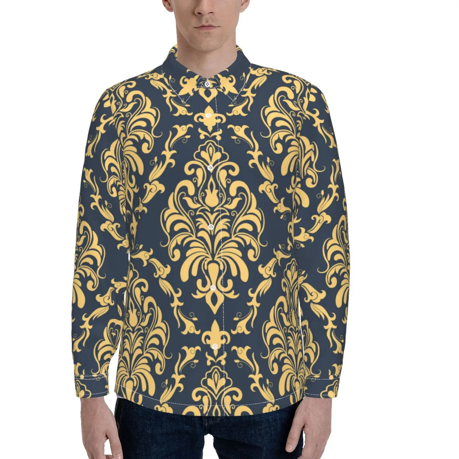 2022 Wholesale OEM Summer Custom Design Printed Vintage Pattern Casual Turndown Men Long Sleeve Shirts