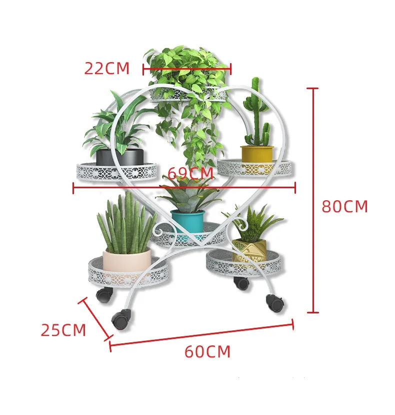 Balcony decoration wrought iron heart-shaped green radish flower rack shelf floor type multi-layer flower pot shelf with wheels