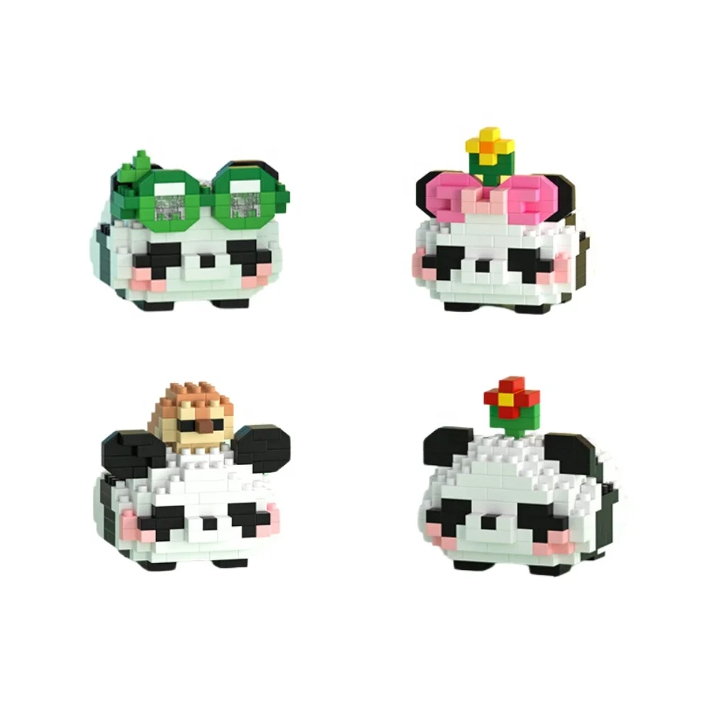 4 Style Cartoon Microparticle Series Happy Panda Full Set Mini Figures Educational Toys Gifts Table Decor Computer Toys