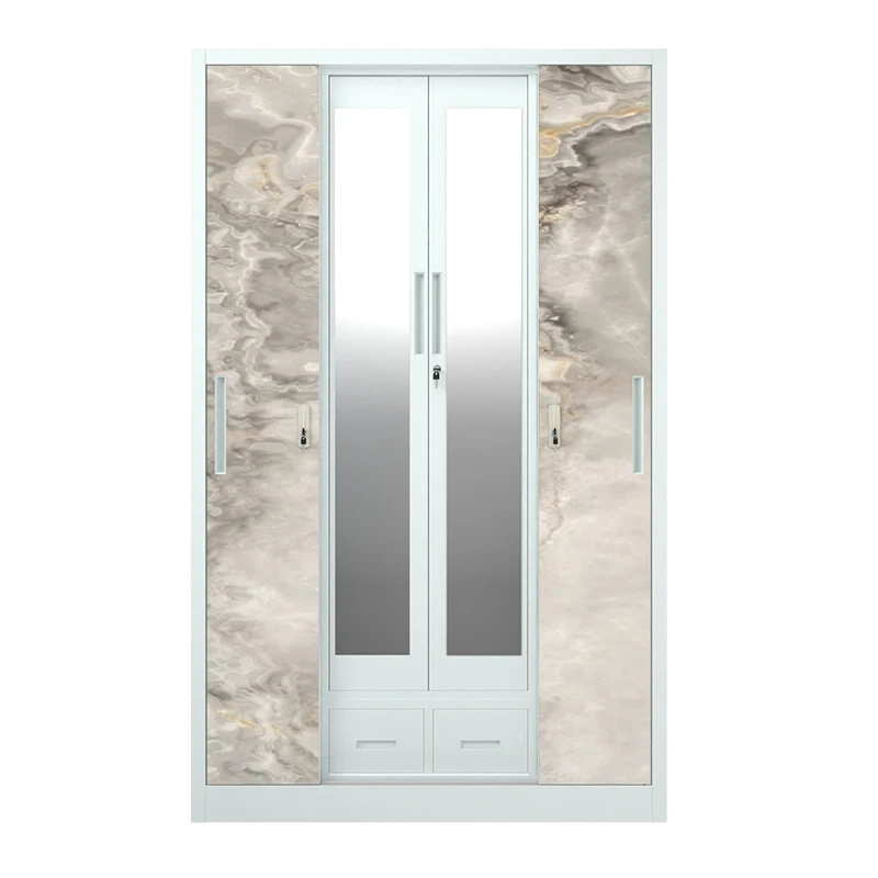 Metal printed closet wardrobe steel almirah wardrobe steel wardrobe 4 door bedroom cupboard for clothes with glass door & drawer