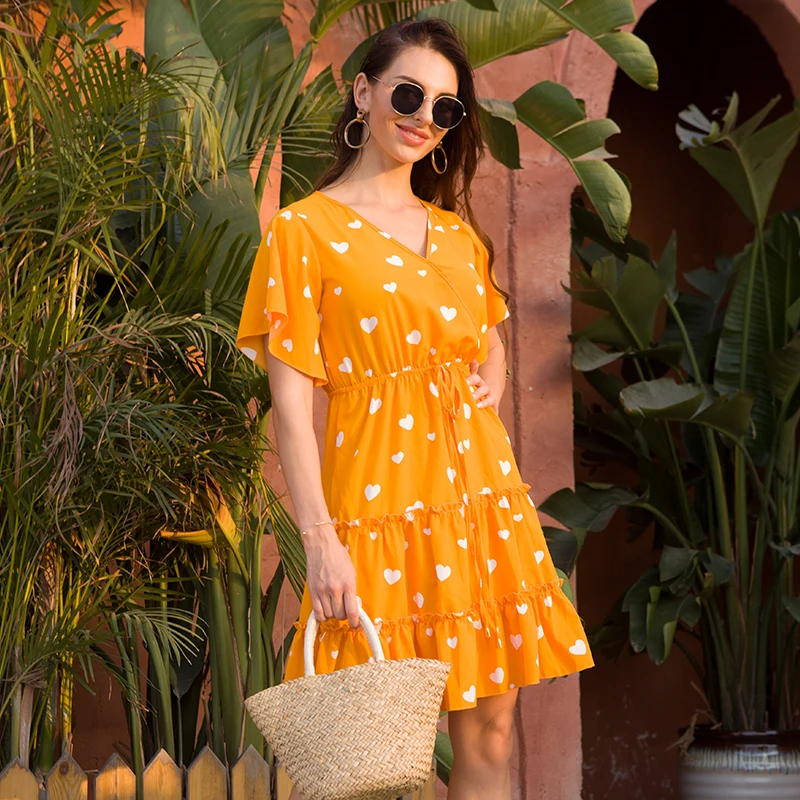 European style V-neck printed short sleeves one piece long yellow dresses for party