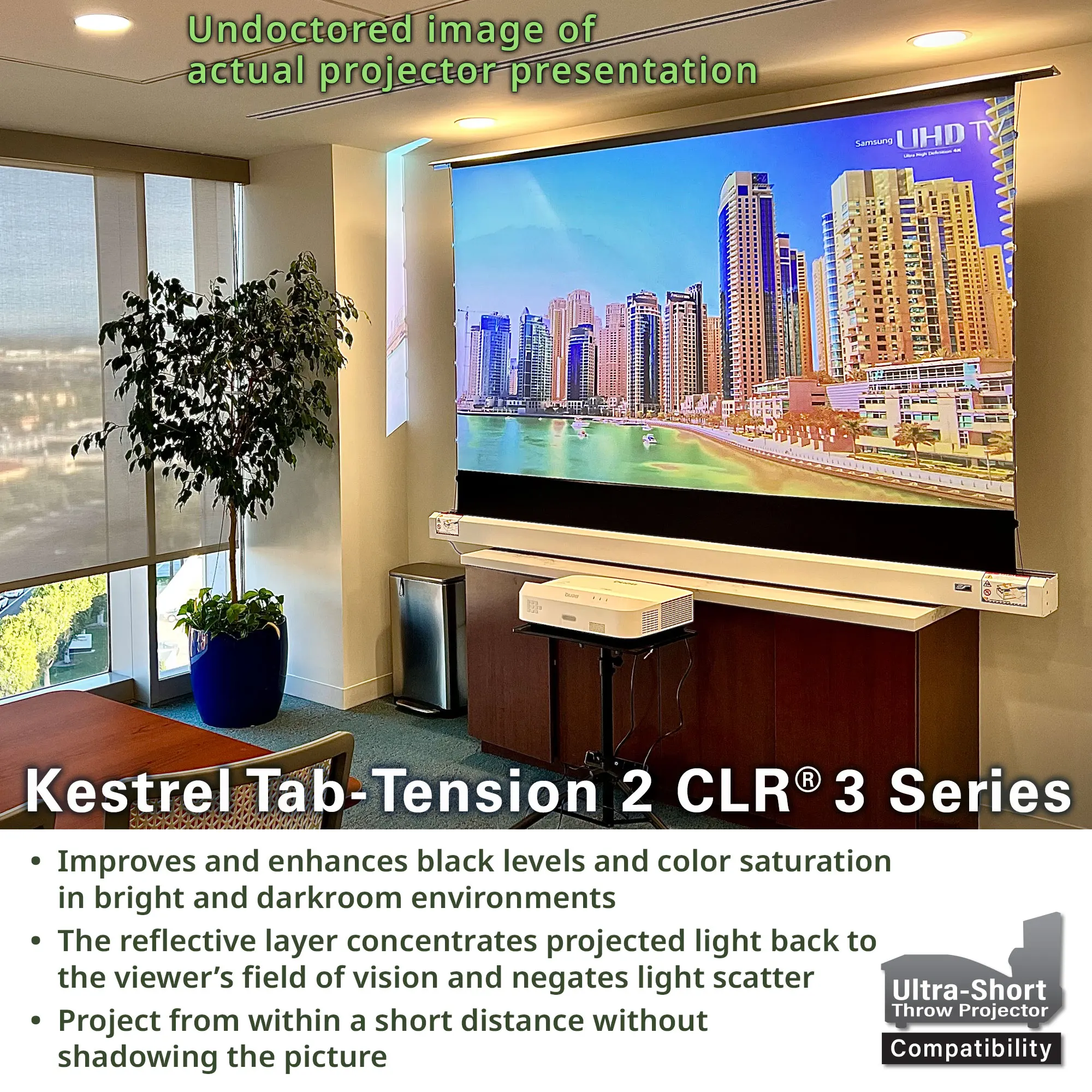 16:9, сверхкороткий потолочный светильник, отклоняющий (CLR/ALR), 100 дюймовый Электрический напольный проектор, экран