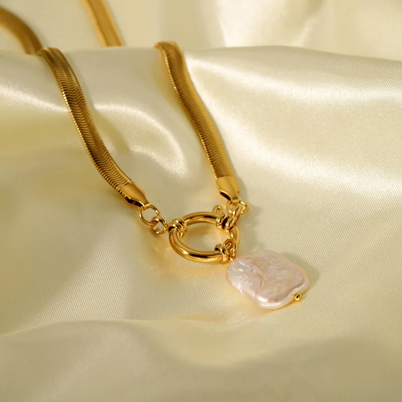 Waterproof Gold Plated Stainless Steel Necklace Chunky Snake Chain Freshwater Pearl Pendant Necklace collier en acier inoxydable