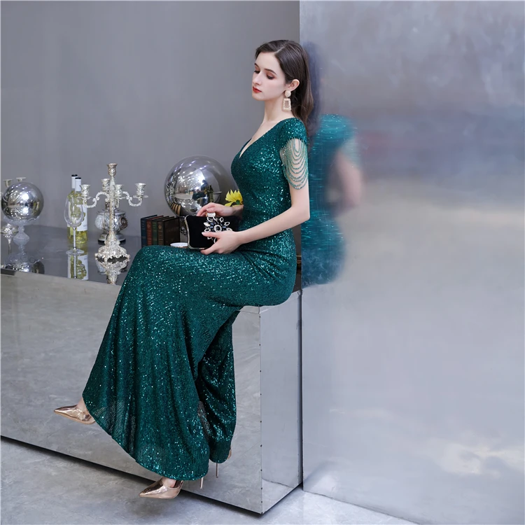 NWE1410 Flawless Sequin Lace Elegant wedding Dress Evening Dress with Tassel on Shoulder New Fashion Woman Dress