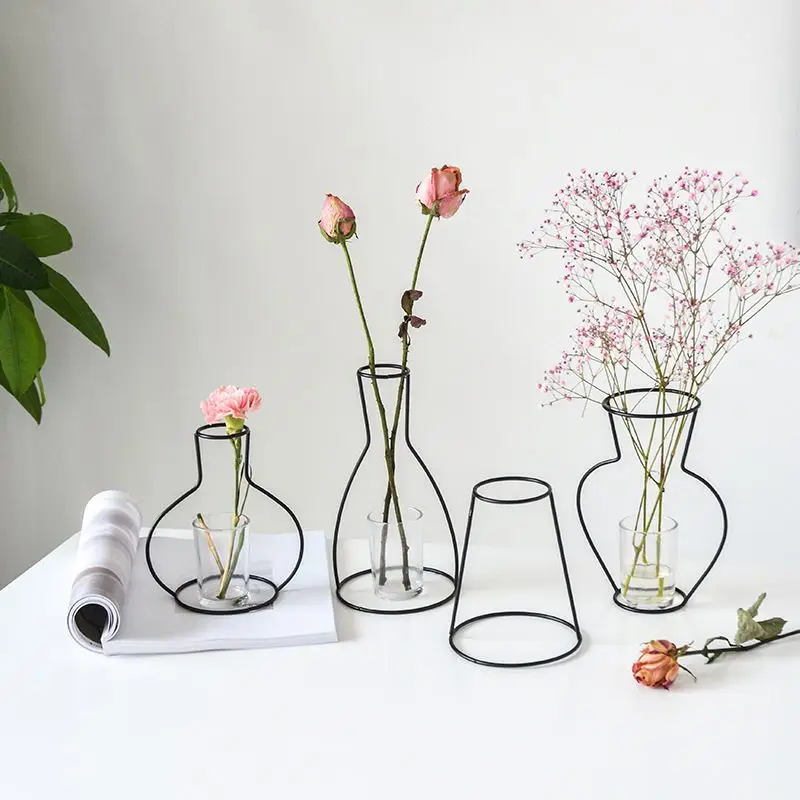 Handmade Nordic minimalist art table decoration black metal plant holder contour decor silhouette wire iron line vase for flower