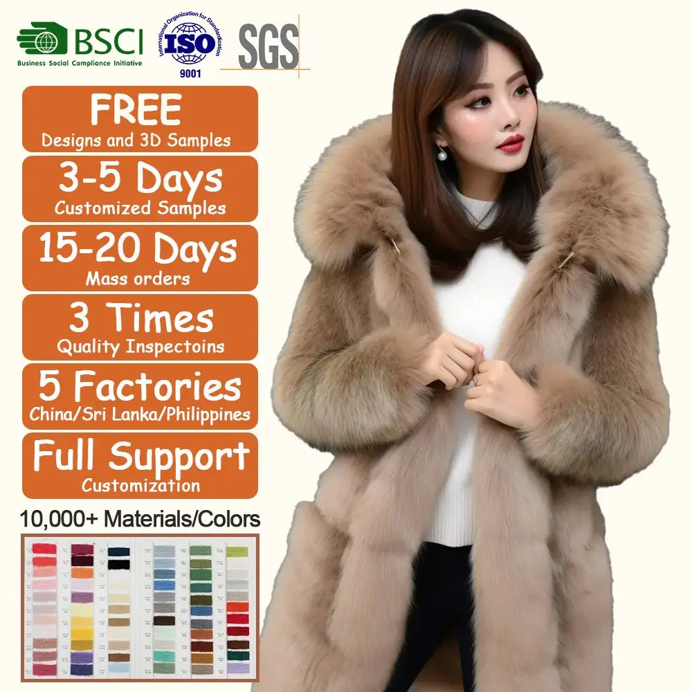 Custom Clothing Manufacturers OEM Wholesale Fashion Long Ladies Winter Coats Hood Women Faux Fox Fur Jacket Coats