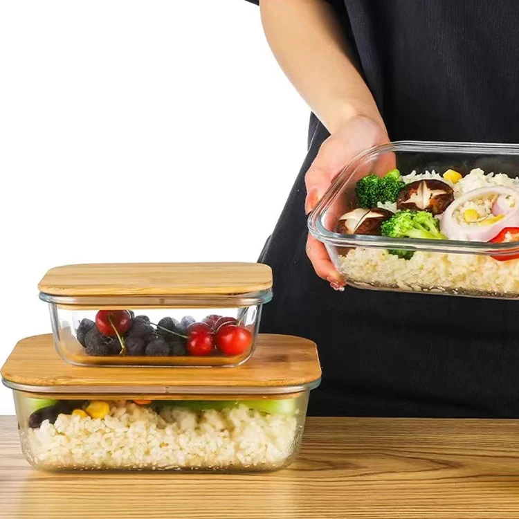 Eco friendly lunch box bamboo lid glass crisper bento lunch box with bamboo wood lid