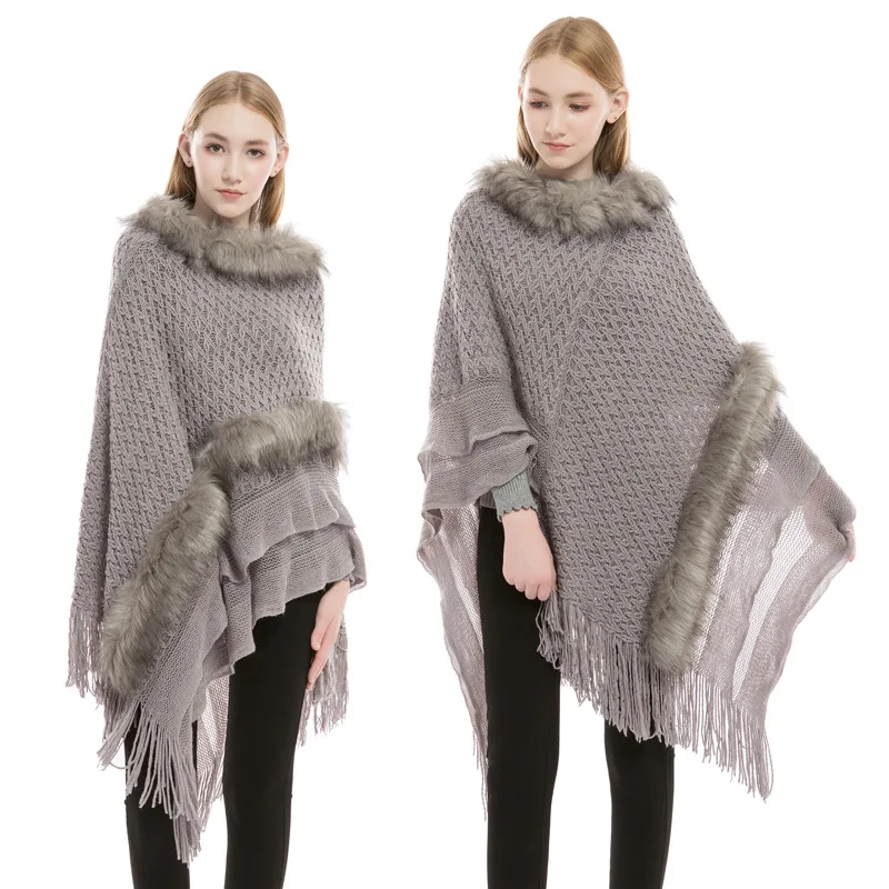 
Wholesale plus size knitted fur pullover winter European and American warm ruffled irregular tricot poncho 