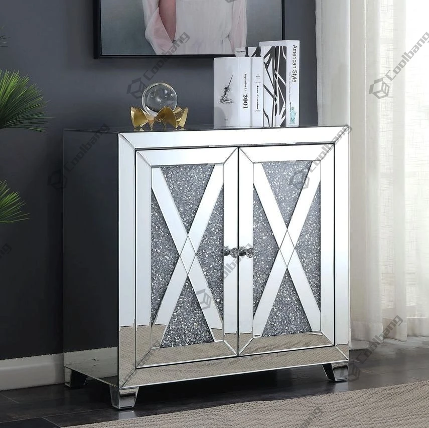 Diamond Buffet Floating Crushed Crystal Mirrored Sideboard with Handles