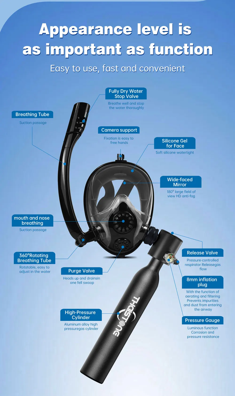 Shenzhen Watersports Equipment 0.5L Mini Scuba Diving Gear Self-Portable Dive Gear Handbag Steel Aluminium Snokel Mask