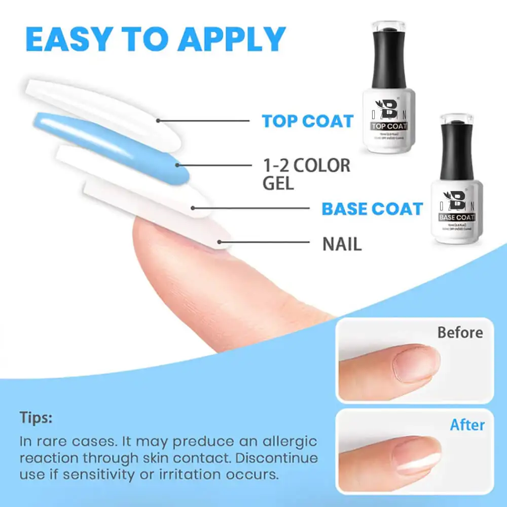 OEM Private Label 15ml Clear Shiny No Wipe Base Top Coat Gel Soak Off UV LED Top Coat and Base Coat Gel Polish
