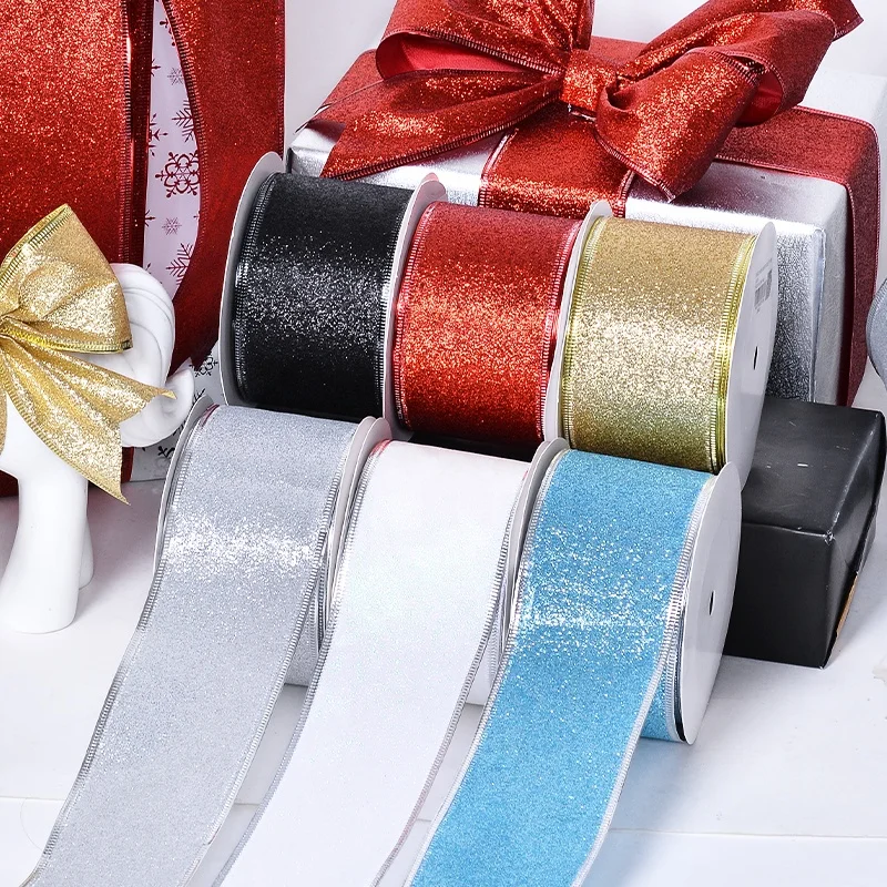 Yama Ribbon Free Sample Stock 2.5inch 63mm 10yards Christmas Wire Edge Glitter Ribbon Roll