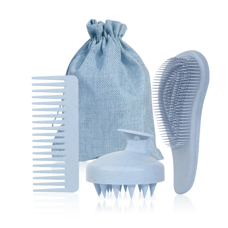 Private Logo Wheat Straw Detangling Brush Set Detangler Hair Brush with Wheat Straw Shampoo Brush Scalp Massager with Bag Pack