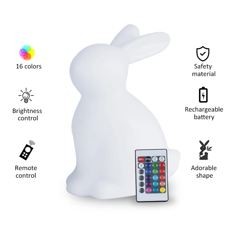 Высококачественный полиэтиленовый затеняющий светильник с батарейным питанием, меняющий цвет светодиодный креативный перезаряжаемый ночник в виде кролика для детей, настольная лампа