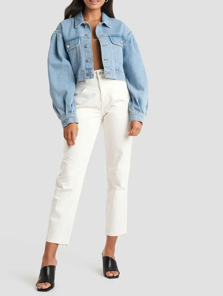 
Women custom long sleeve single-breasted short classics blue jeans jacket 