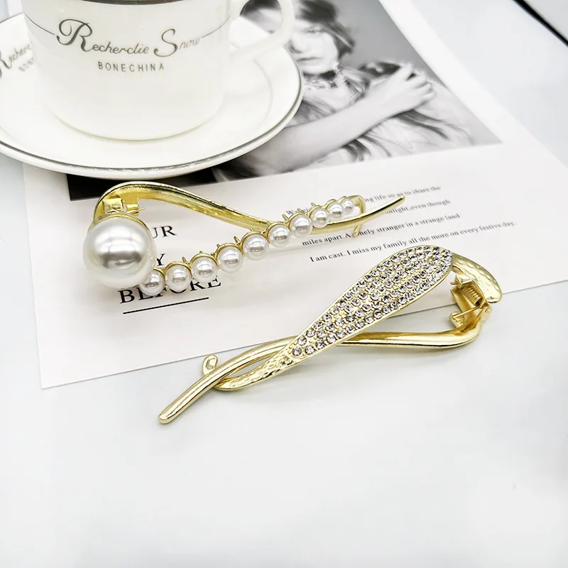Metal pearl hair clips retro temperament ladies back head hairpin girls frog buckle hair accessories one word plate hair pin