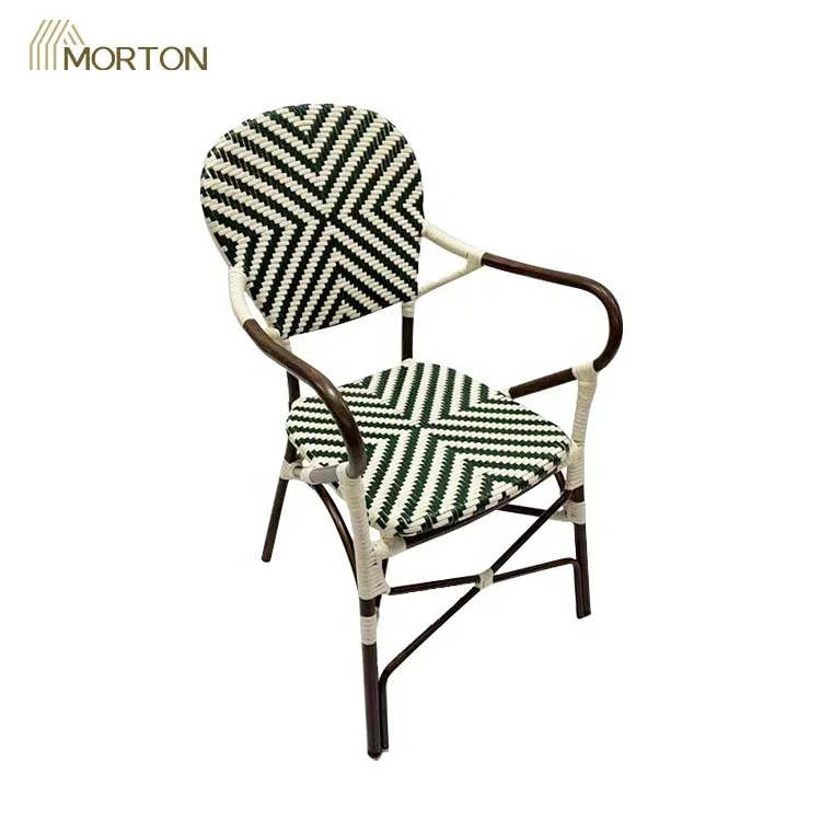 Classic French Cafe Chairs Arm Metal Wicker Rattan High Garden Chairs Outdoor Unique Restaurant Furniture