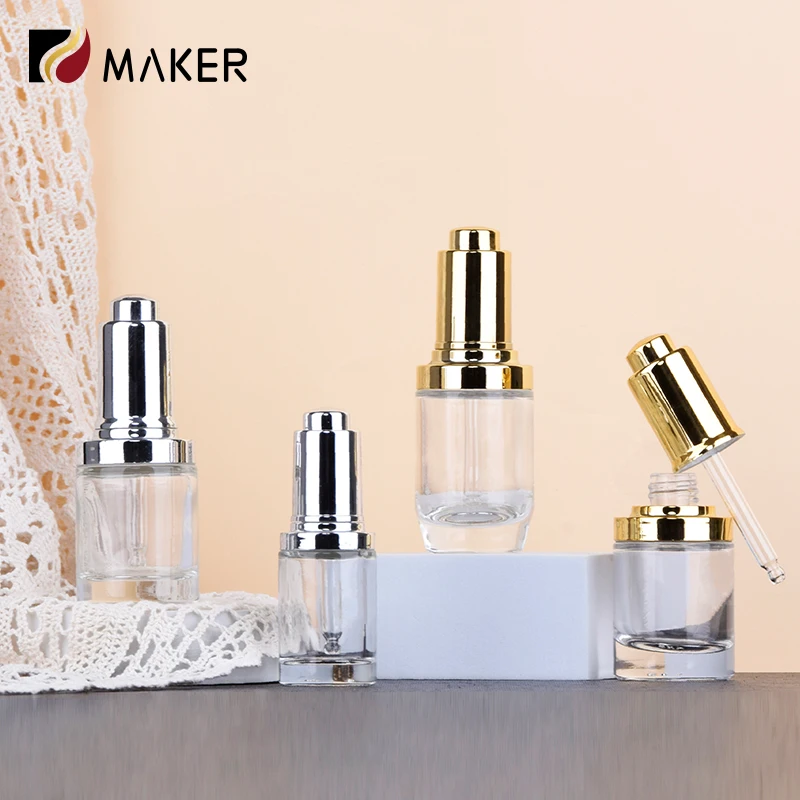 Glass Bottle Supplier 15ml 25ml 30ml Golden Press Skincare Essential Oil Cosmetic Vendors Essence Serum Dispenser Dropper Bottle