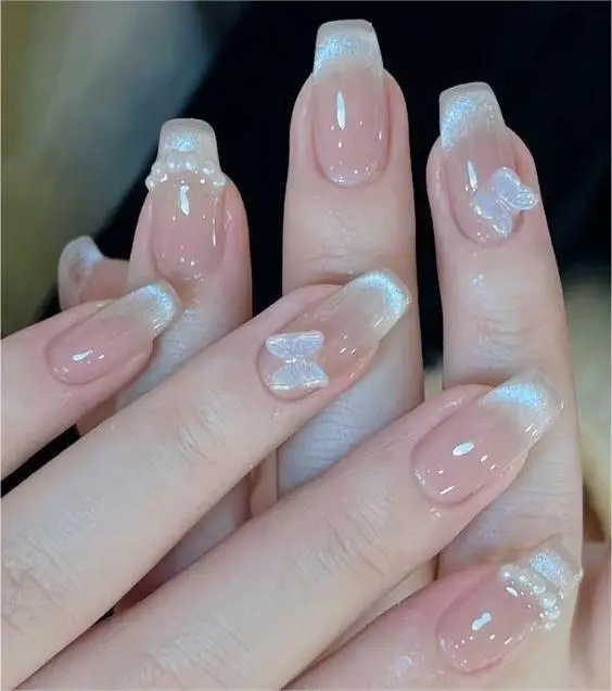 New Coming French Butterfly Crystal Nails Nude Pink Ombre Nail Ballerina Short Nails
