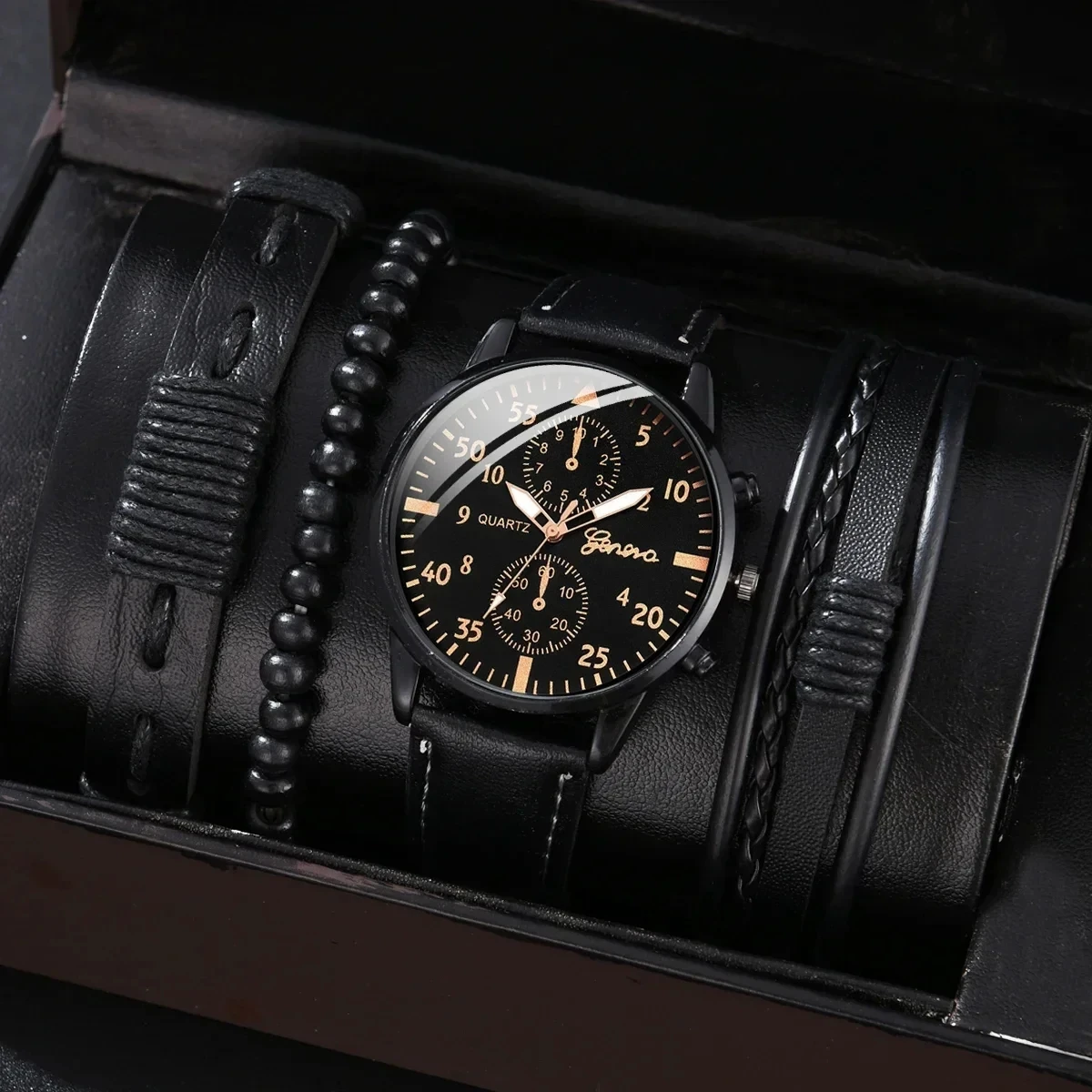 4PCS Set Fashion Mens Sport Watches Man Business Quartz Wristwatch Luxury Brown Leather Bracelet Men Casual Clock Watch Gift Set