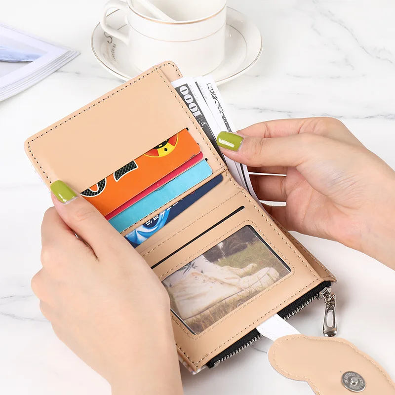 2022 new design women plaid cute bear Pu leather students short wallet with zip girls Coin Purse card wallet