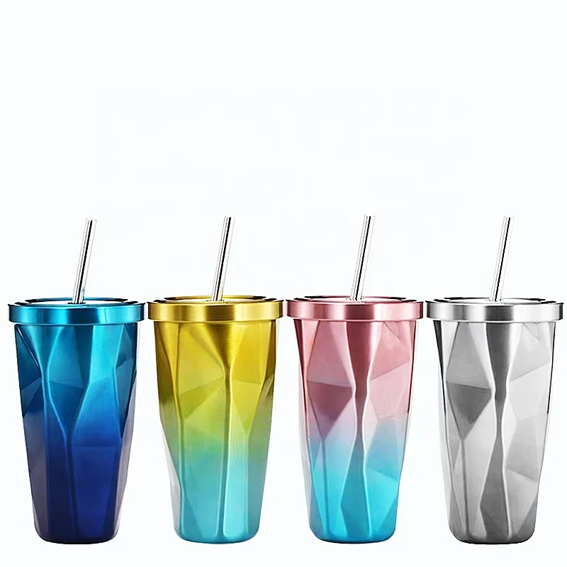 Unique Design 18/8 Stainless Steel Insulated Coffee Cup Handheld Gradient Cup Diamond Shaped Outdoor Tumbler with Straw