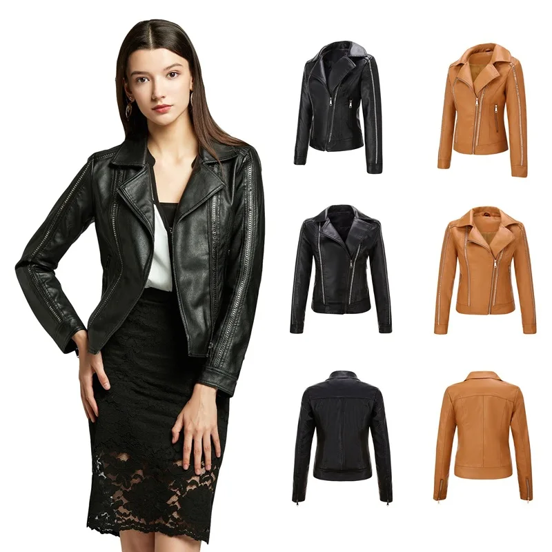 Fashion New High Street Fashion V-neck Rivet Trend Diagonal Zipper PU Leather Jacket For Women