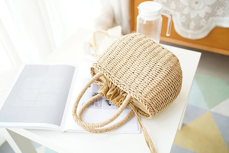 Rattan Wicker Straw Tote Bag Wicker Round Beach Bag Thailand Straw Bags with Drawstring