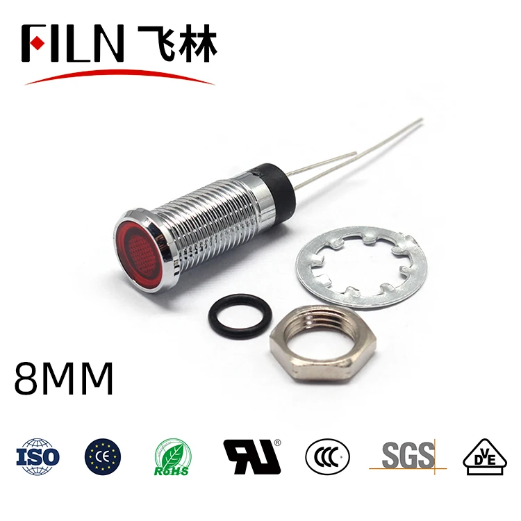 FILN IP67 8mm Flat Head Red Yellow Blue Green White  LED Metal Indicator Light 12V  110V 220V meat grinder Signal Lamp with pin