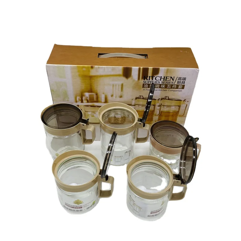 ex-factory price  Oil pot seasoning pot  5-piece kitchen glass oil can Glass seasoning jar with lid set Large quantity and good