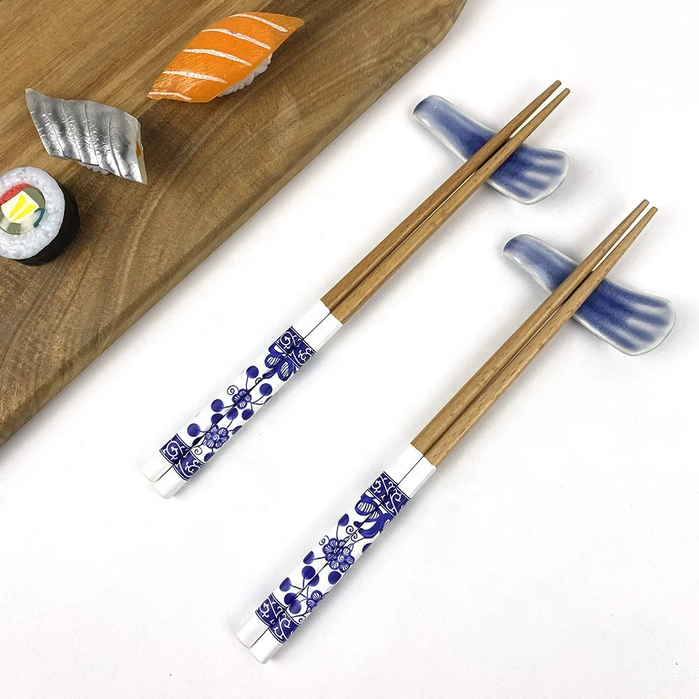 hot sale in 2024. Traditional Chinese style blue and white wooden classic chopsticks with ceramic holders