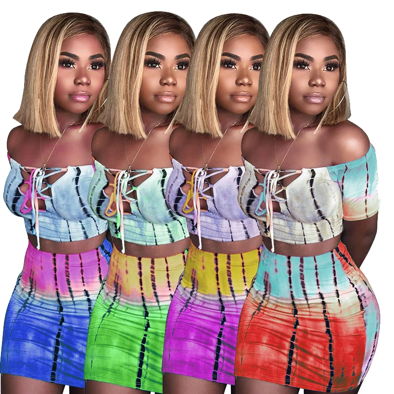 
2021 New Trendy Summer Tie Tye Off Shoulder Cro Top Two Plus Size 2 Piece Set Women Skirt Set 