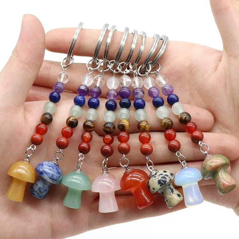 Natural rose quartz mini mushroom keychain 7 chakra crystals gemstone key ring For christmas car key bag pendant