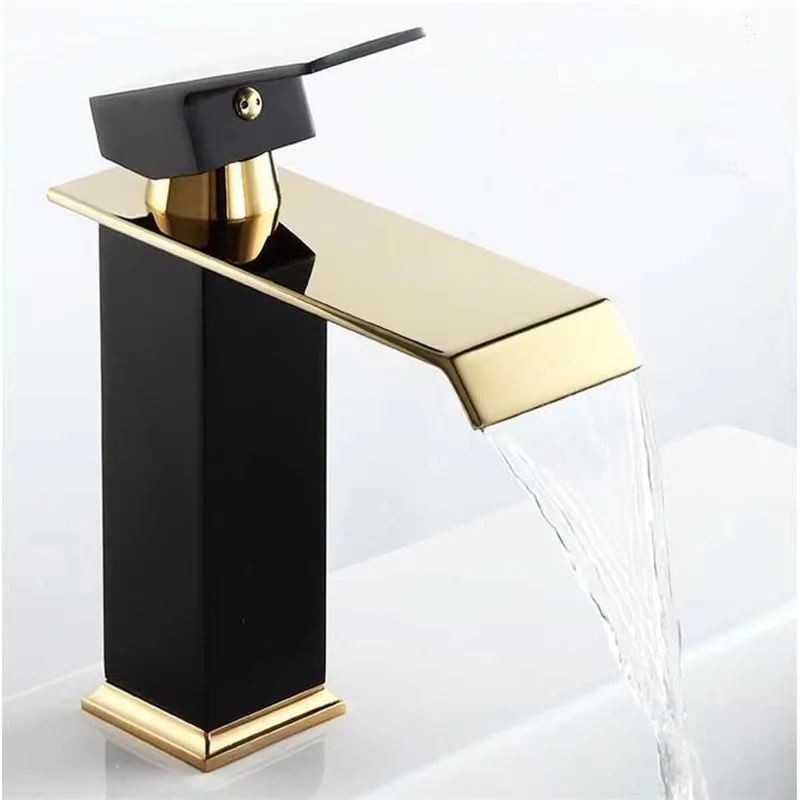 Modern Luxury Stainless Steel Single Lever Spout Lavatory Basin Faucet Black Gold Color Waterfall Bathroom Faucets