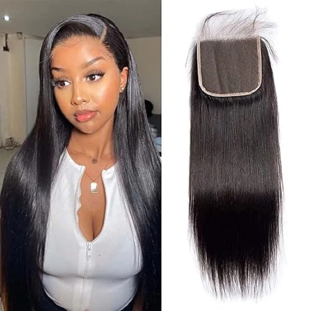 Straight Closure Brazilian Human Hair 4x4 Lace Closure Natural Color  Pre-plucked with Baby Hair Top Closure
