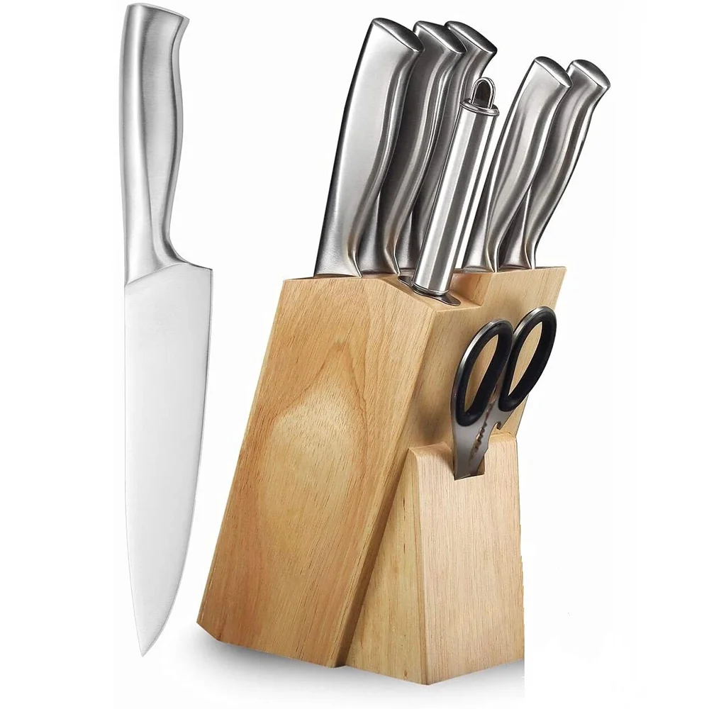 German Carbon Stainless Steel Hollow Handle Manual Knife Sharpener Forged Kitchen Knives Set With Oak Wooden Block Customized