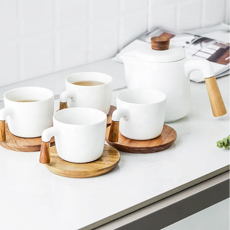 Modern Ceramic Teapot With Acacia Wooden Handle White Black Teapot Ceramic withGift Box